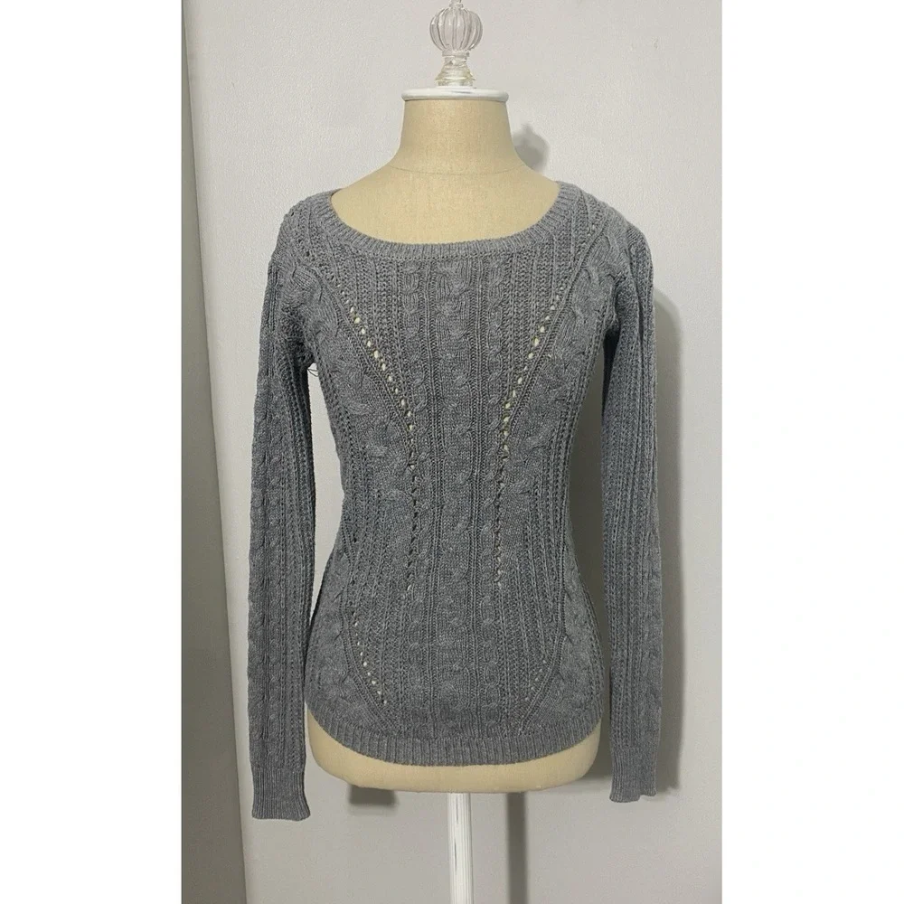 Womens Gray Cable Knit Sweater Long Sleeve Scoop Neck Soft Pullover Cozy Knit